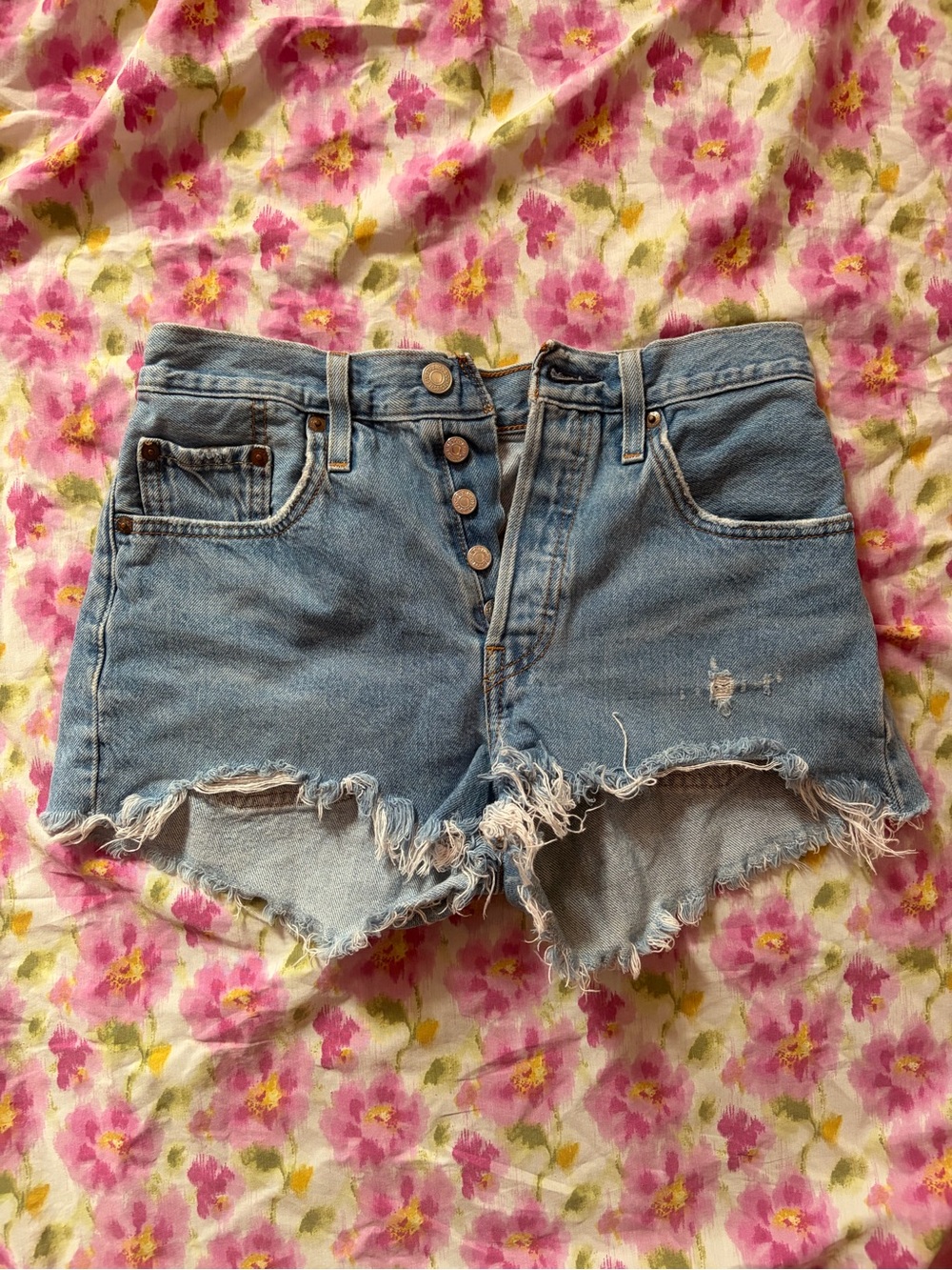 Levi's 501 Light Blue Button-Front Distressed Denim Shorts